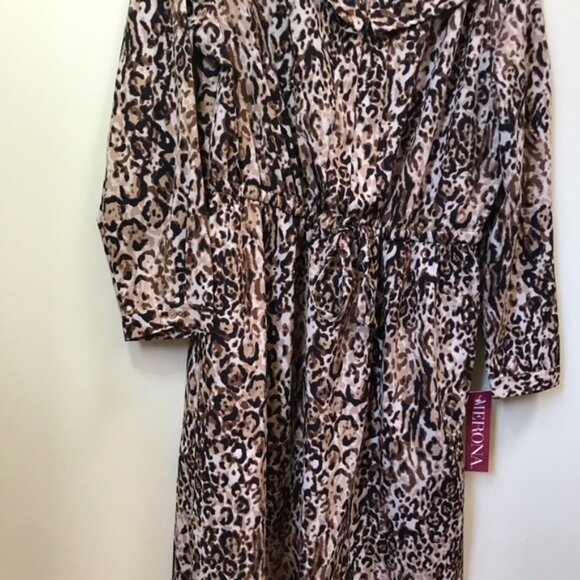 Merona NEW Leopard Animal Print Dress Pockets Tie Waist Shirt Tunic Preppy Tan L - Picture 2 of 9